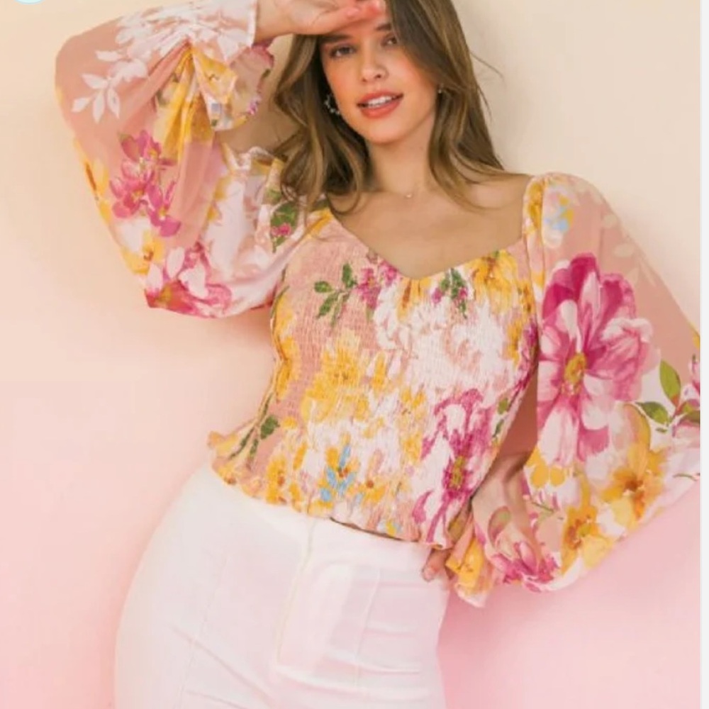 Flying Tomato Smocked Chiffon Balloon Sleeve Blouse Vibrant Colors Size L